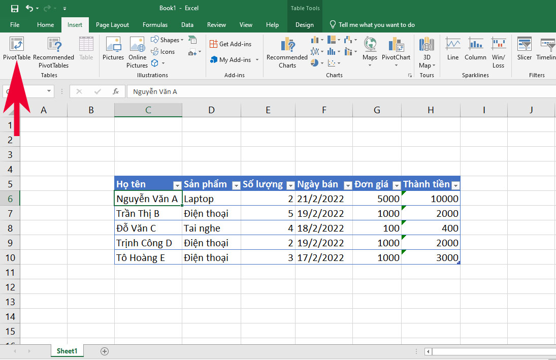 Hướng dẫn cách dùng PivotTable trong Excel để thống kê dữ liệu đơn giản - bước 2