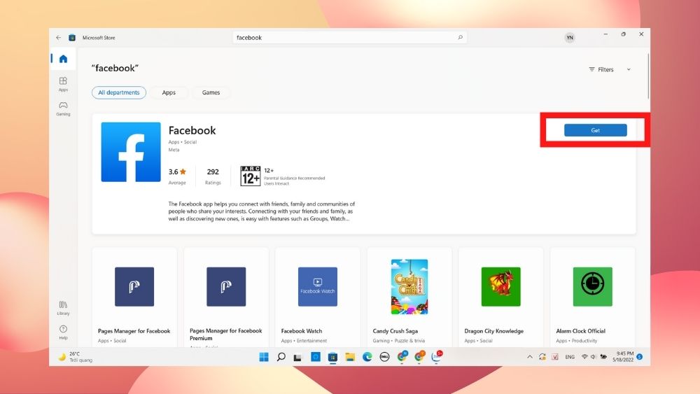 Tải Facebook vì chưng Microsoft Store bước 3