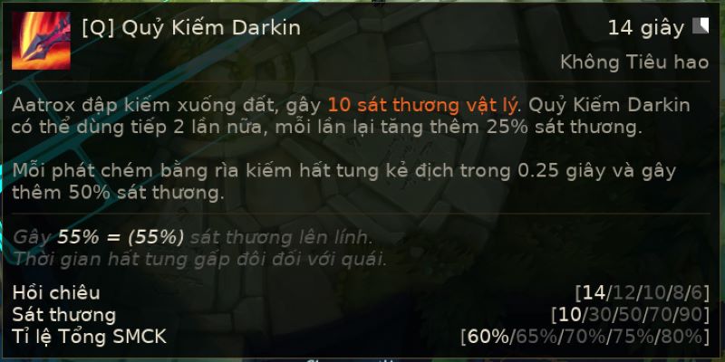 bảng kỹ năng chiêu Q quỷ kiếm darkin mùa 13 cho Tướng Aatrox LMHT