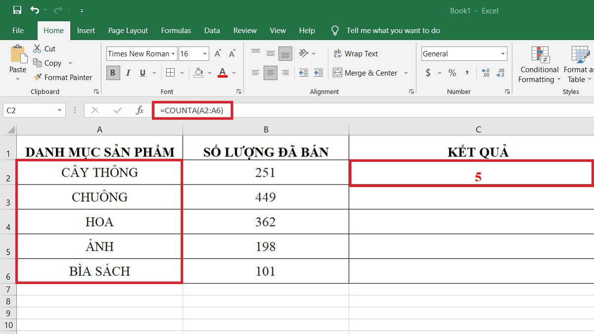 Ví dụ đếm tất cả các ô chứa dữ liệu bằng counta