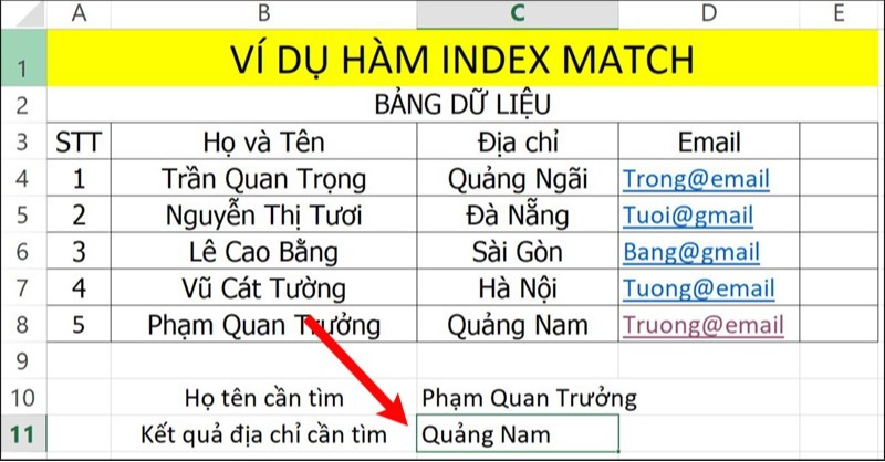 Cách kết hợp hàm Index và Match trong Excel bước 2