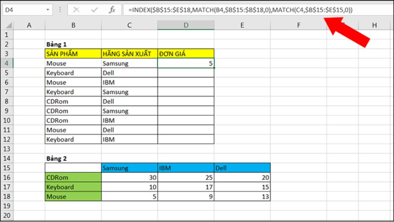 Cách kết hợp hàm Index và Match nhiều điều kiện bước 3