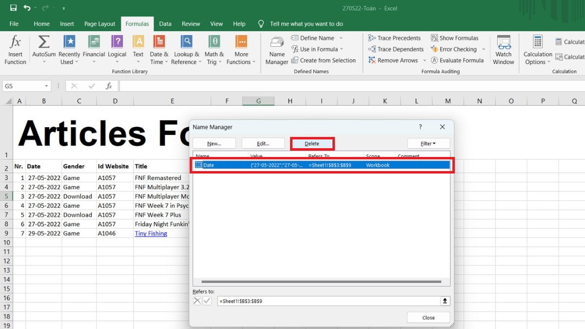 Bước 2: Cách giảm dung lượng file Excel bằng cách Xóa bỏ các named range trong file Excel