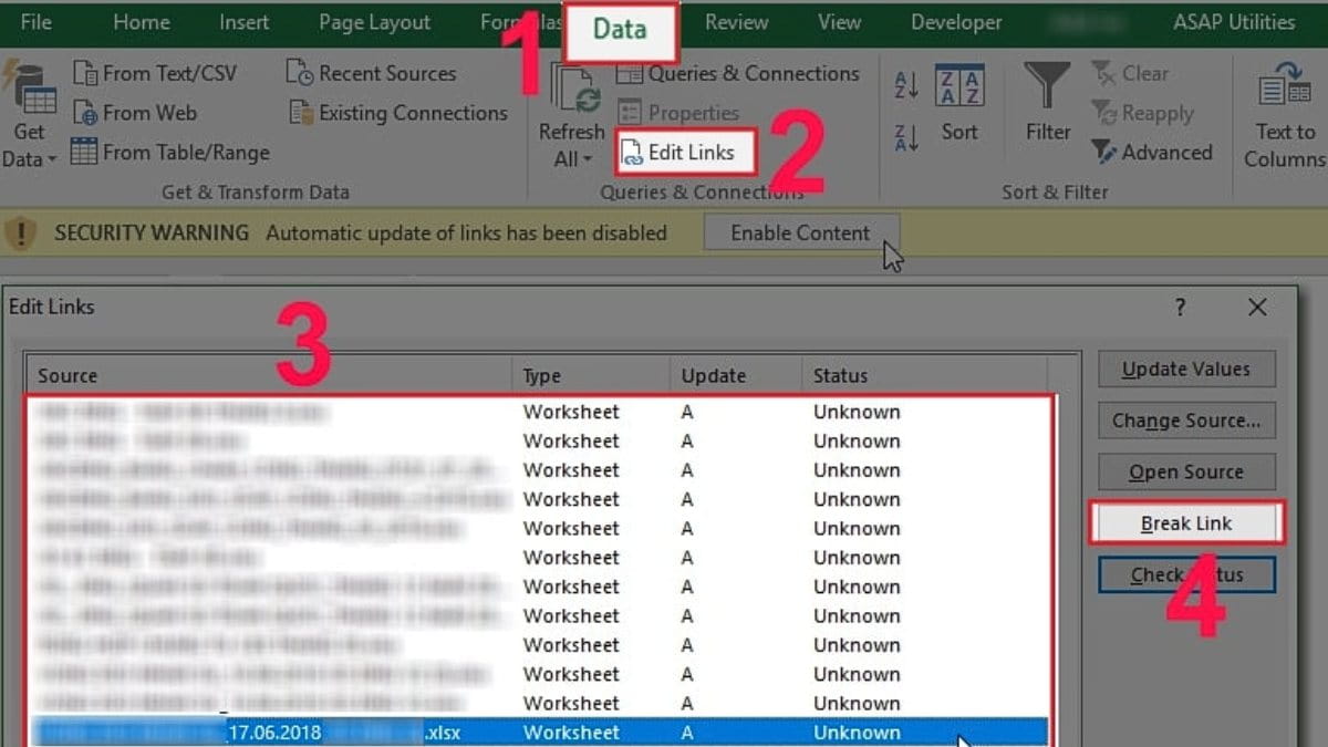 Bước 2: Cách giảm dung lượng tệp Excel bằng cách giảm dung lượng bằng cách xoá data links