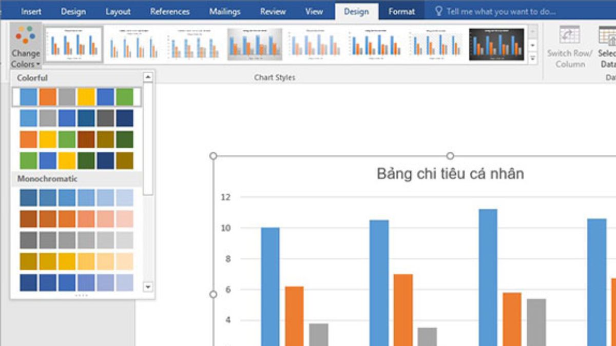 Cách chỉnh sửa biều đồ đã vẽ trong Word thay đổi màu sắc