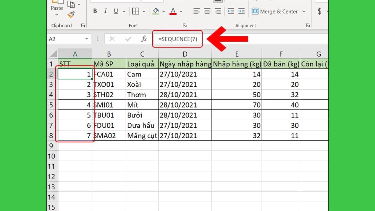 Cách đánh số thứ tự tự động nhảy trong Excel bằng hàm SEQUENCE