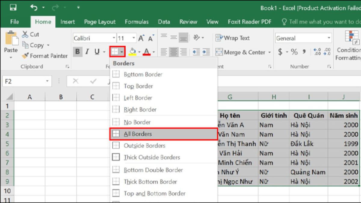 Cách tạo khung viền trong Excel bằng công cụ Borders bước 2