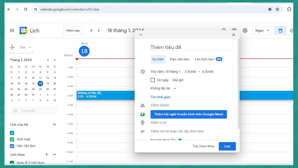 Sử dụng Google Calendar để tạo link Google Meet bước 2