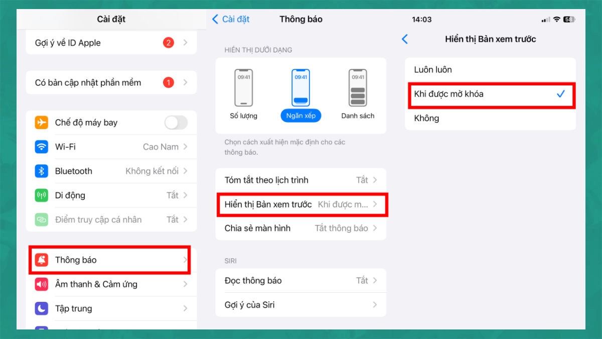 Bảo mật iPhone bằng cách Tắt thông báo hiển thị xem trước trên màn hình khóa